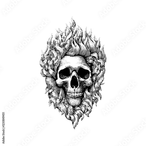 Engraved Flaming Skull Vintage Illustration