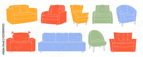 Set of minimalist armchairs, sofas. Soft furniture for rest. Modern upholstered items of comfort for home or office. Room decoration, interior design. Hand drawn flat vector illustration