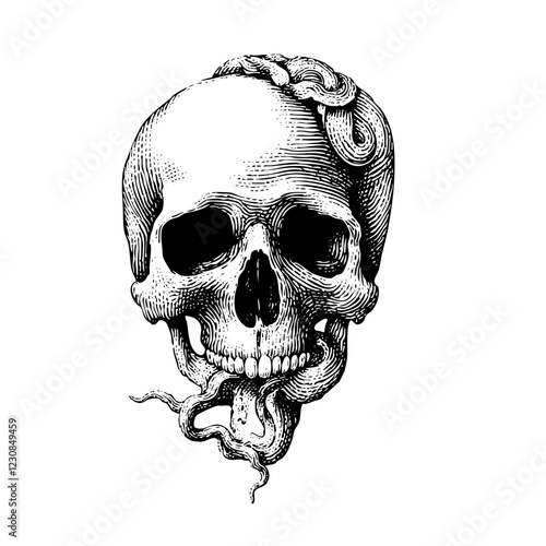 Vintage Engraved Skull with Entwined Snake Illustration
