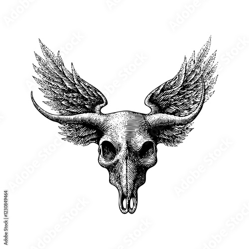 Vintage Engraved Winged Bull Skull Illustration.
Highly detailed vector illustration of a bull skull with wings, drawn in a vintage engraving style. Perfect for tattoo designs, gothic art, mystical sy