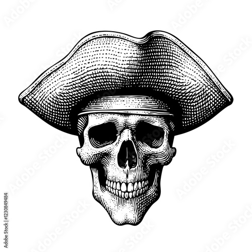 Vintage Engraved Pirate Skull with Tricorn Hat Illustration