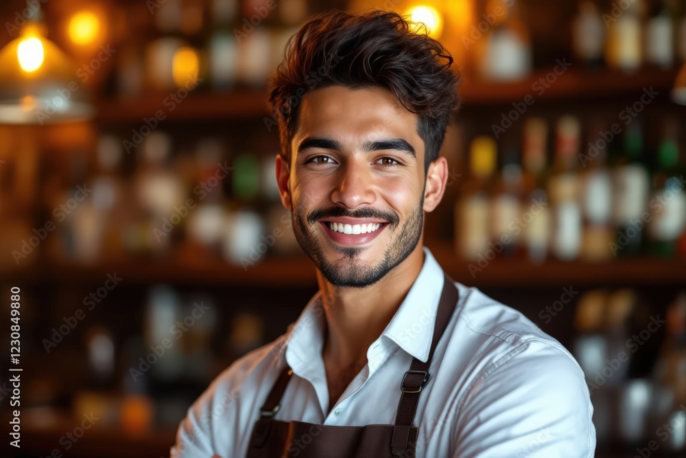 portrait of a young smiling Mauritian male bartender against blurred bar background portrait of a young smiling Mauritian male bartender against blurred bar background