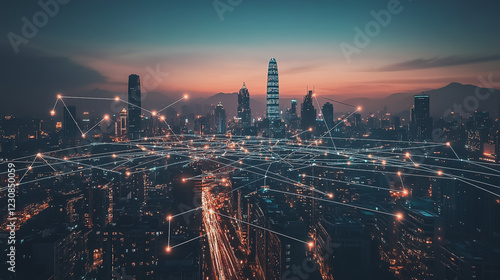 Wallpaper Mural Smart digital Innovation city with connection network reciprocity over the cityscape. of future smart wireless digital city and social media networking systems that connects people with in city Torontodigital.ca