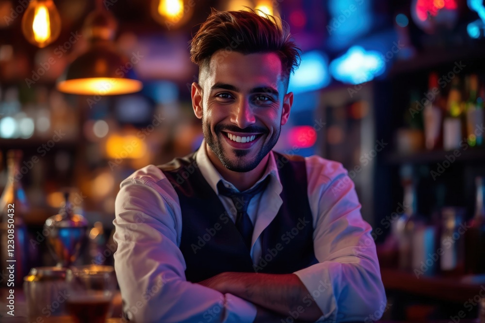 Fototapeta premium portrait of a young smiling Moroccan male bartender against blurred bar background