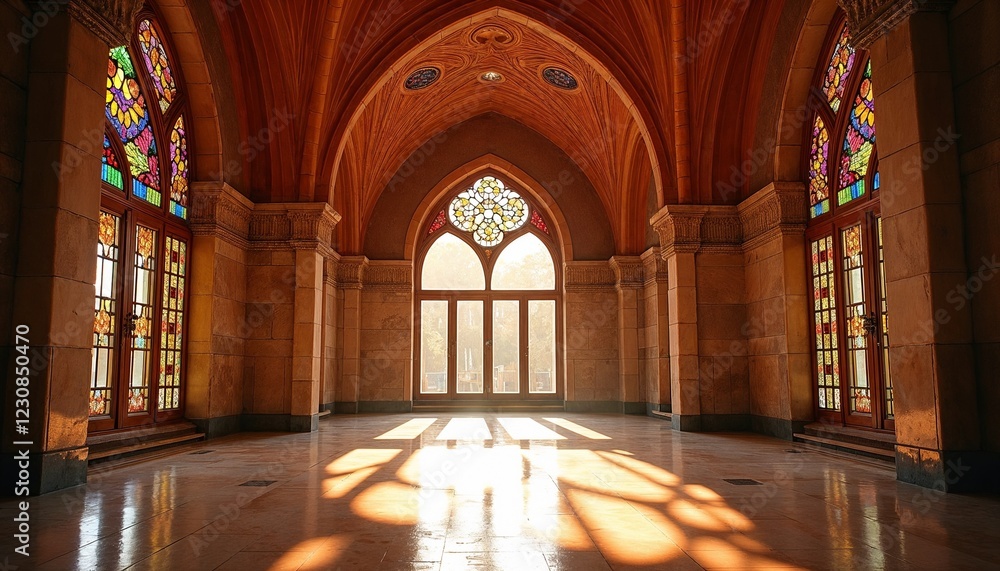 Fototapeta premium majestic hammam hall with gothic arches, stained glass windows, golden sunlight reflections, luxurious oriental interior, and high vaulted ceilings