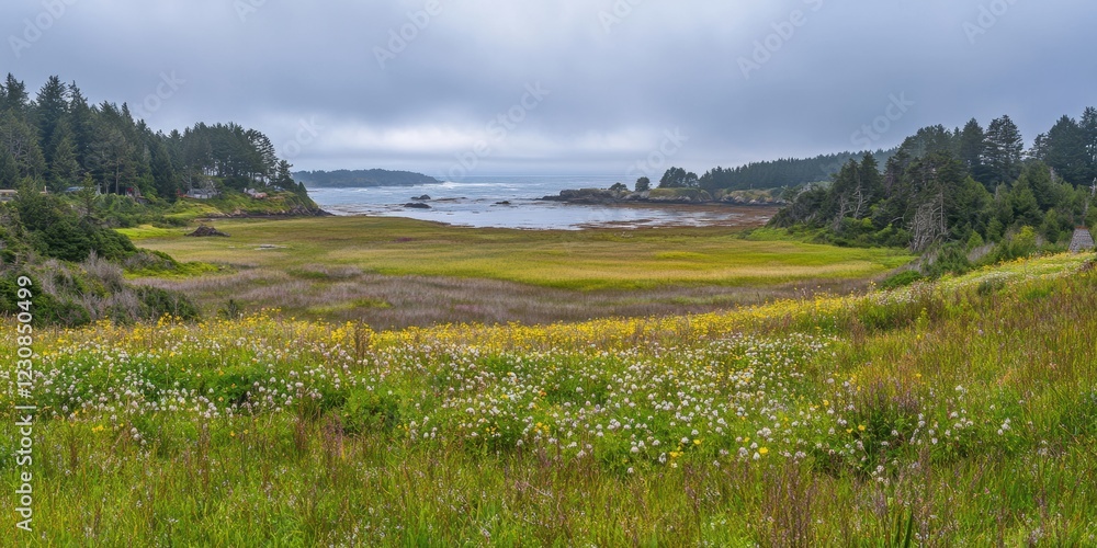 Obraz premium Coastal landscape with grass and sea water beach. Ocean horizon background.