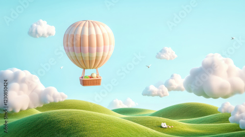 A whimsical 3D illustration of a hot air balloon floating gently above rolling green hills, carrying a tiny picnic basket