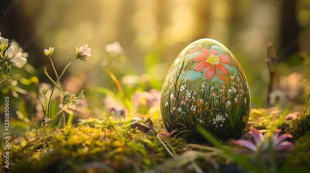 Painted Easter Egg in Spring Forest Setting