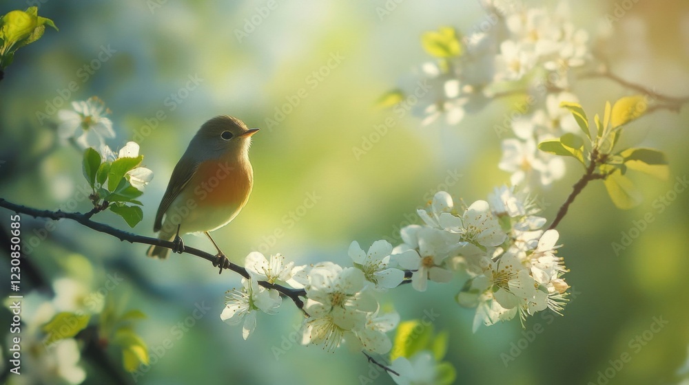 Small Bird Perched on Branch Amidst White Blossoms in Spring Sunlight Small Bird Perched on Branch Amidst White Blossoms in Spring Sunlight