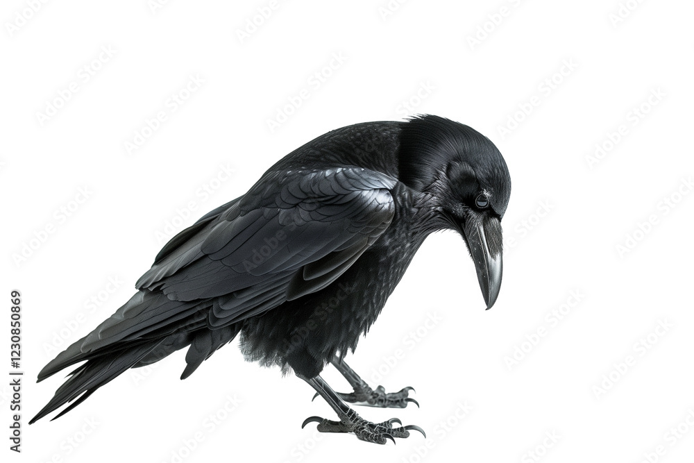 Fototapeta premium Crow Perched With Glistening Black Feathers Isolated on a Transparent White Background, Showcasing Its Natural Beauty and Elegance