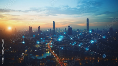 Wallpaper Mural Smart digital Innovation city with connection network reciprocity over the cityscape. of future smart wireless digital city and social media networking systems that connects people with in city Torontodigital.ca