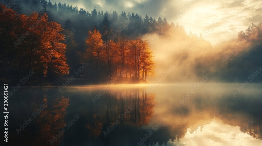 Autumn Sunrise Over Misty Lake With Colorful Trees Autumn Sunrise Over Misty Lake With Colorful Trees