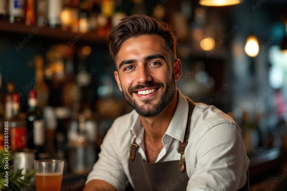 portrait of a young smiling Portuguese male bartender against blurred bar background portrait of a young smiling Portuguese male bartender against blurred bar background