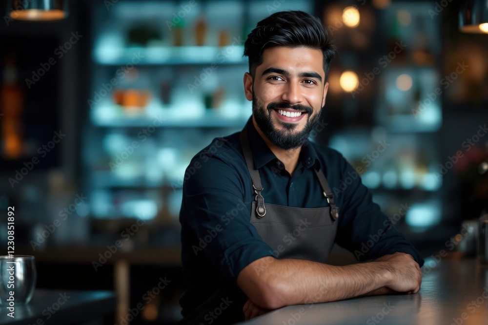 portrait of a young smiling Qatari male bartender against blurred bar background portrait of a young smiling Qatari male bartender against blurred bar background