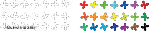 Doodle four petals outline, vector set of daisies for stencil, cartoon flowers silhouette on transparent background, colored flowers