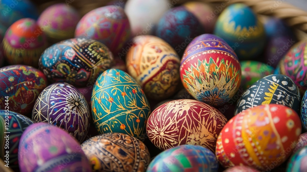 Colorful Hand-Painted Easter Eggs in a Woven Basket Colorful Hand-Painted Easter Eggs in a Woven Basket