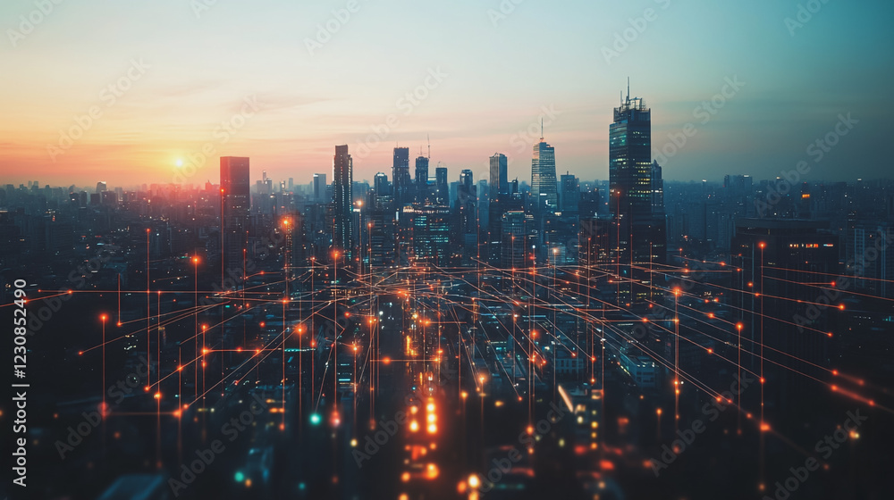custom made wallpaper toronto digitalSmart digital Innovation city with connection network reciprocity over the cityscape. of future smart wireless digital city and social media networking systems that connects people with in city