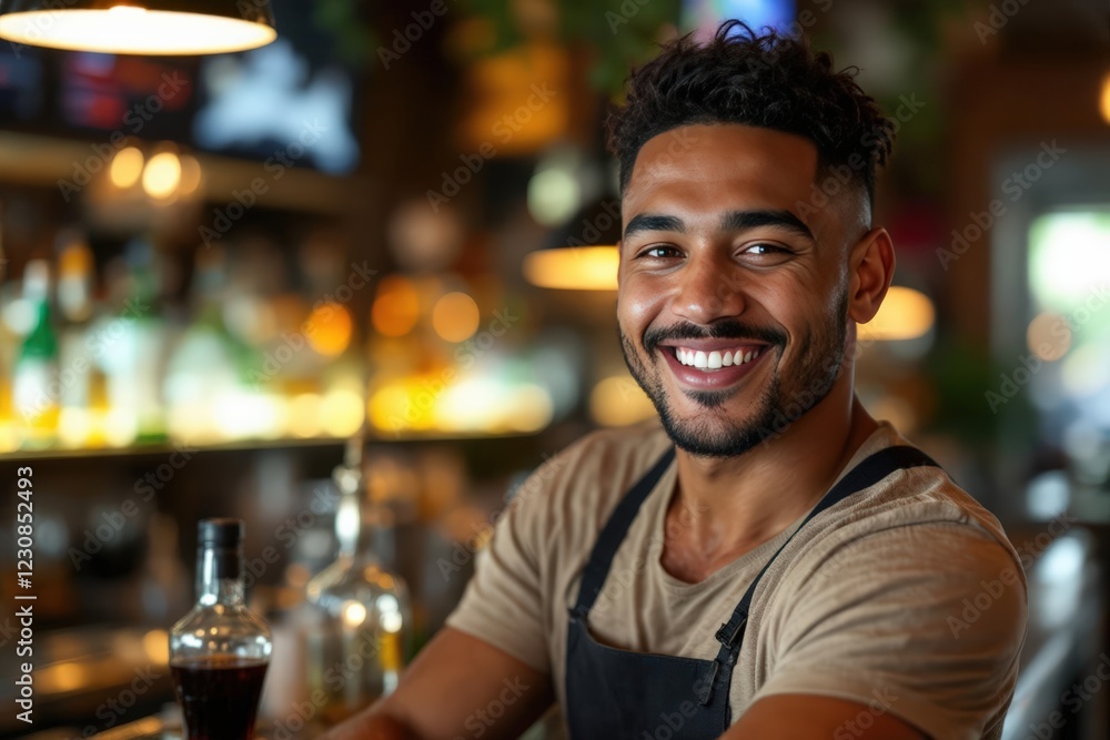 portrait of a young smiling Samoan male bartender against blurred bar background portrait of a young smiling Samoan male bartender against blurred bar background
