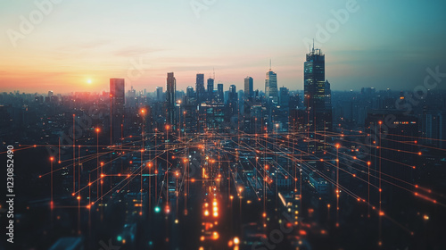 Wallpaper Mural Smart digital Innovation city with connection network reciprocity over the cityscape. of future smart wireless digital city and social media networking systems that connects people with in city Torontodigital.ca