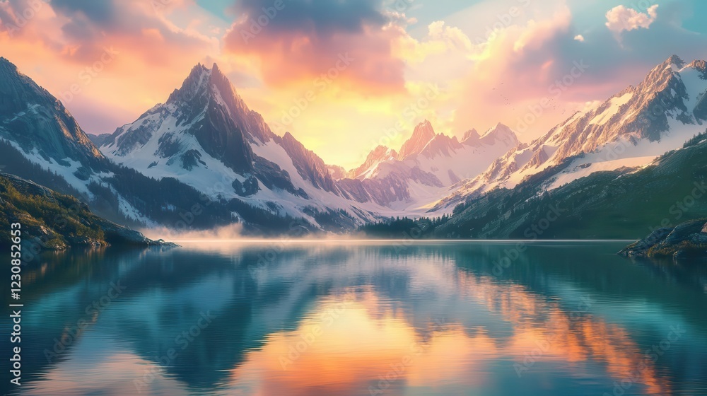 a majestic alpine lake nestled between snow-capped peaks at golden hour, pristine emerald waters mirror jagged mountains, wispy clouds catch sunset colors, ethereal mist rising from surface a majestic alpine lake nestled between snow-capped peaks at golden hour, pristine emerald waters mirror jagged mountains, wispy clouds catch sunset colors, ethereal mist rising from surface