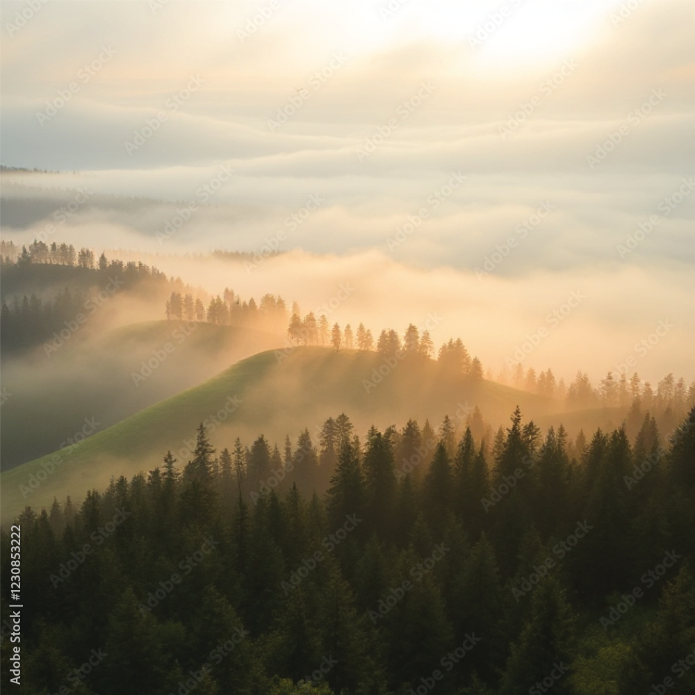Mystical Fog in Nature with Rolling Hills and Forest Mystical Fog in Nature with Rolling Hills and Forest