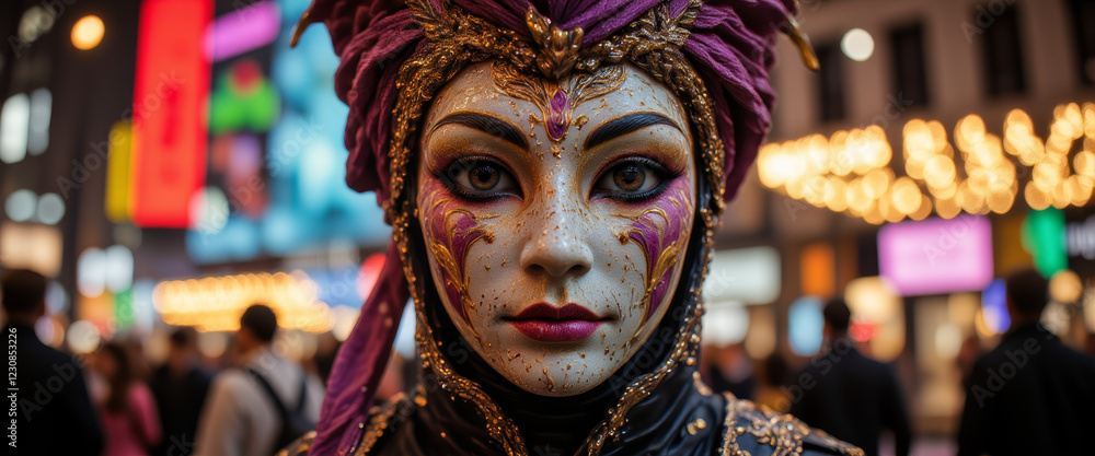 Fototapeta premium Masked performer with a mysterious expression holding the viewer’s gaze against a vibrant urban background