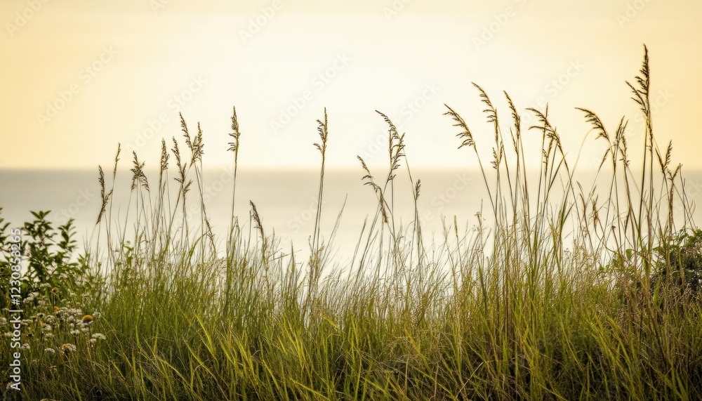 Naklejka premium Coastal landscape with grass and sea water beach. Ocean horizon background.