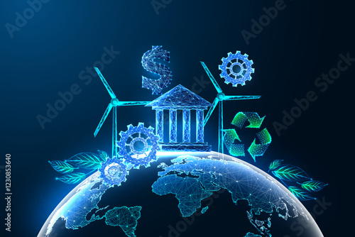 Environmental Social Governance ESG futristic concept with sustainability symbols on Earth on blue