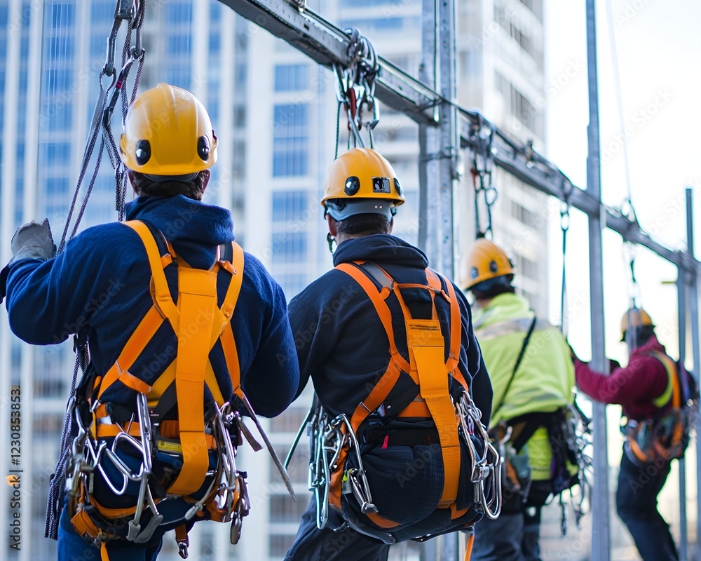 Skilled workers engage in safety equipment while working on a high-rise building, showcasing teamwork and adherence to safety standards in the construction industry. Skilled workers engage in safety equipment while working on a high-rise building, showcasing teamwork and adherence to safety standards in the construction industry.
