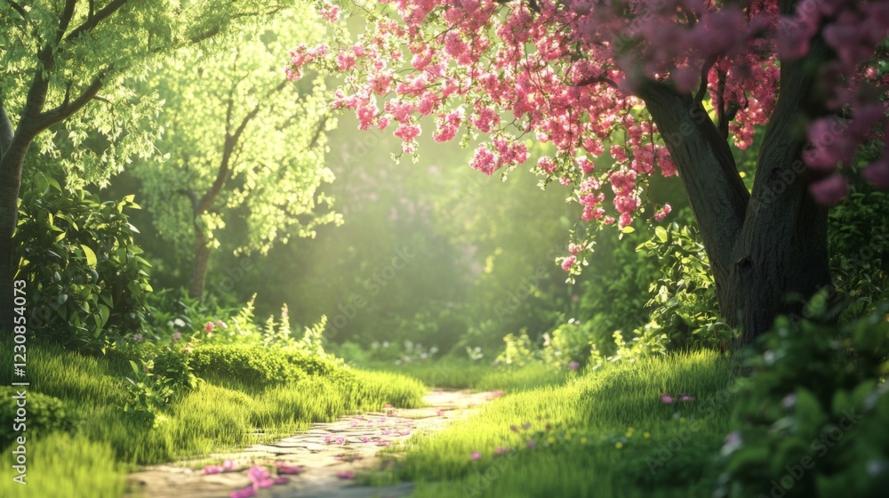 Sunlit Path Through A Lush Spring Forest With Pink Blossoms Sunlit Path Through A Lush Spring Forest With Pink Blossoms