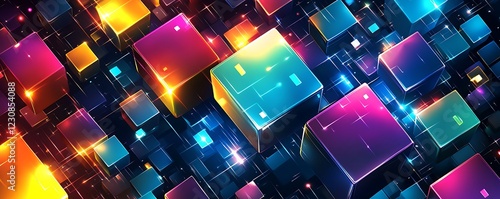 Vector art of overlapping colorful cubes with dynamic bright light effects perfect for modern graphic design