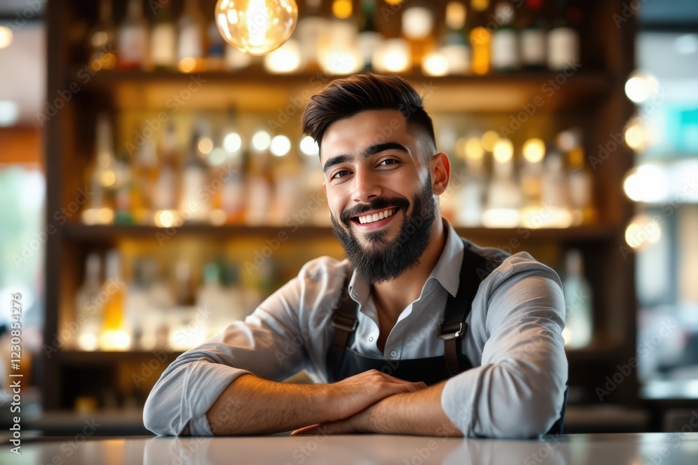 Fototapeta premium portrait of a young smiling Tajik male bartender against blurred bar background