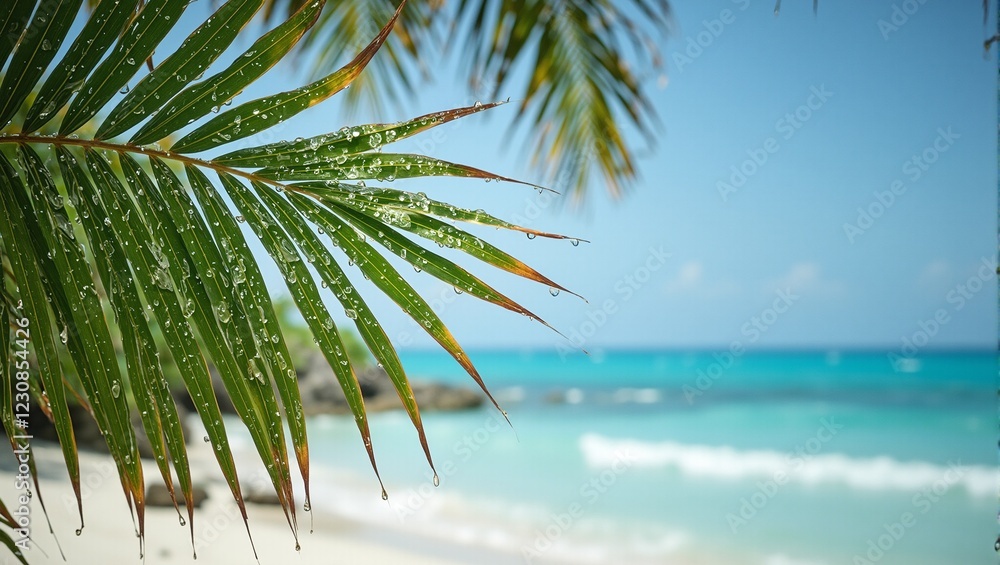 Fototapeta premium Raindrops on palm leaf against tropical beach backdrop