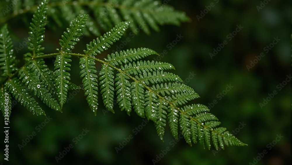 Lush green fern leaf with dew in shaded forest Lush green fern leaf with dew in shaded forest