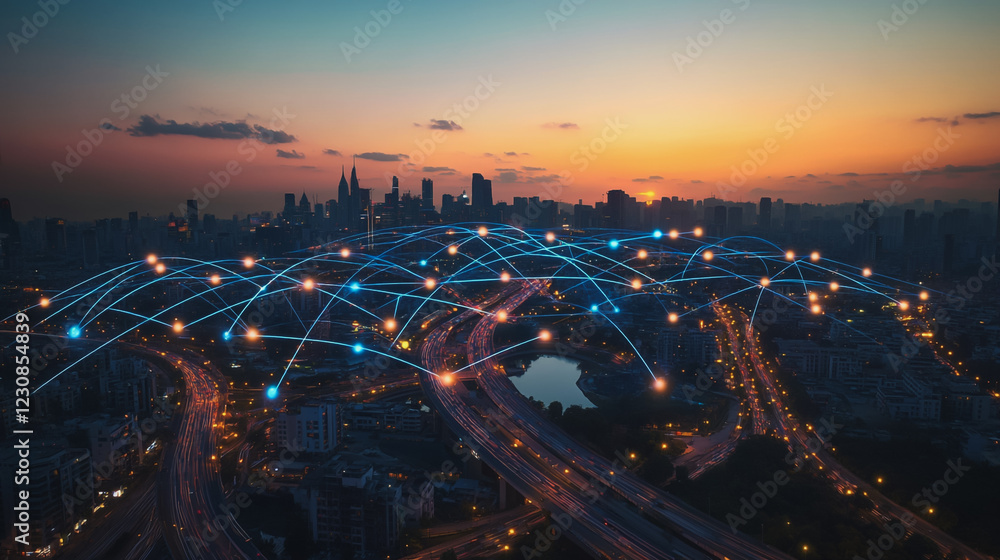 custom made wallpaper toronto digitalSmart digital Innovation city with connection network reciprocity over the cityscape. of future smart wireless digital city and social media networking systems that connects people with in city