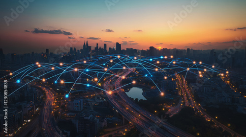 Wallpaper Mural Smart digital Innovation city with connection network reciprocity over the cityscape. of future smart wireless digital city and social media networking systems that connects people with in city Torontodigital.ca