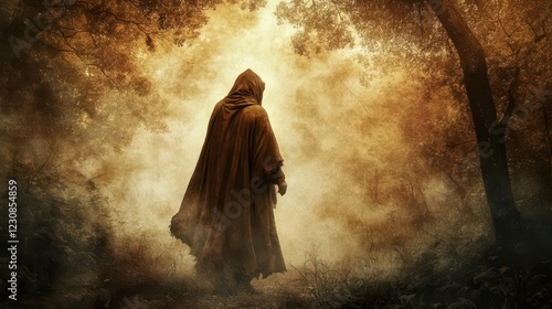 a weathered peasant trudges through ancient misty forest, tattered brown cloak, mystical fog tendrils, ethereal backlit atmosphere, deep shadows, muted earth tones, haunting medieval fantasy