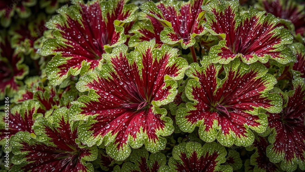 Vibrant coleus leaf with dew drops intricate patterns in red and green