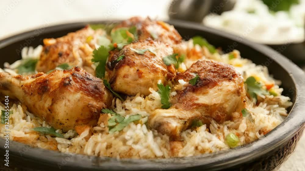 Delicious rotating chicken drumsticks on aromatic rice with herbs and spices Delicious rotating chicken drumsticks on aromatic rice with herbs and spices