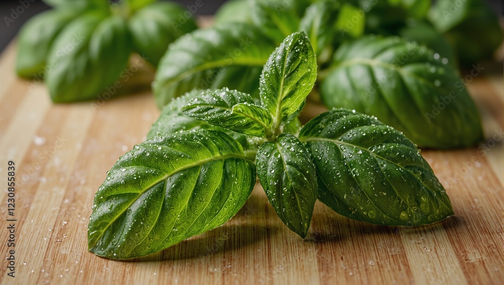 Fresh basil leaf with dew on wooden board Fresh basil leaf with dew on wooden board