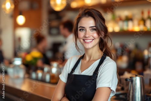 portrait of a young smiling Andorran female bartender against blurred bar background photo