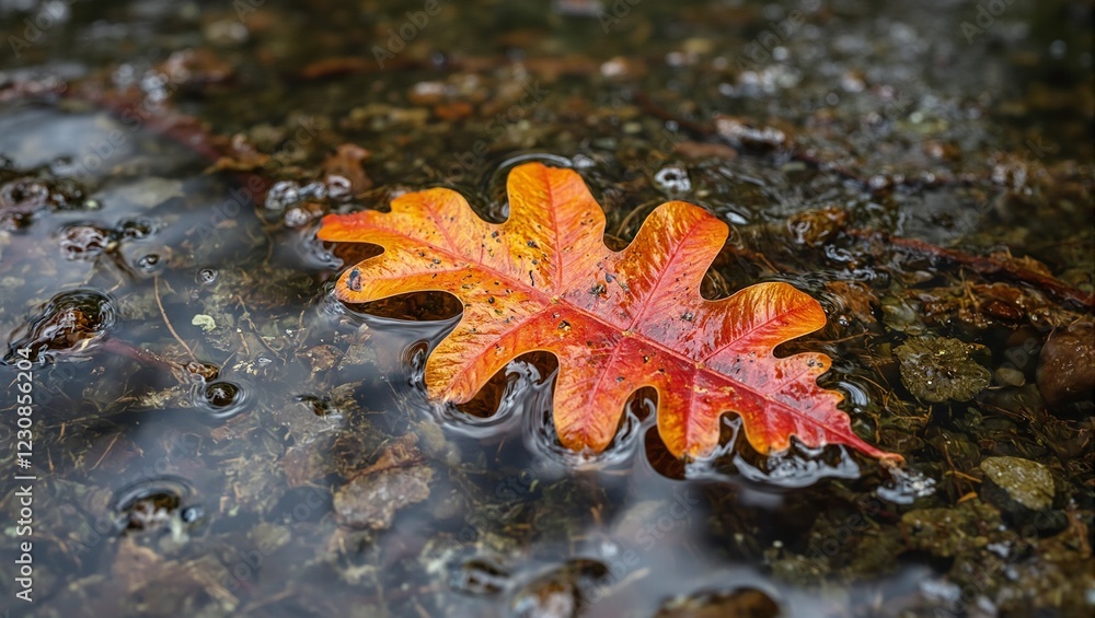 Vibrant red oak leaf in a serene stream Vibrant red oak leaf in a serene stream