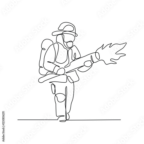 One continuous line drawing of The fire fighter brigade is on duty to put out the blazing fire vector illustration. Fire Fighting design illustration simple linear style vector concept for education.