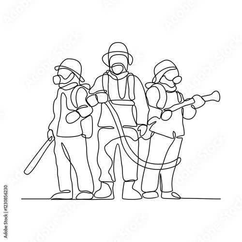 One continuous line drawing of The fire fighter brigade is on duty to put out the blazing fire vector illustration. Fire Fighting design illustration simple linear style vector concept for education.