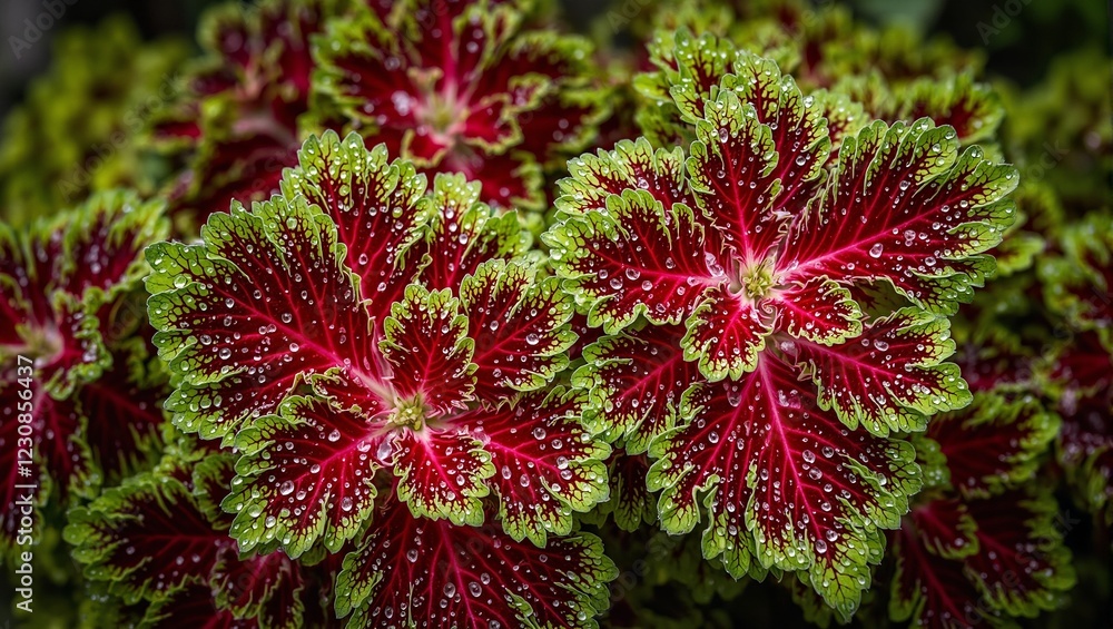 Vibrant red and green coleus leaf with morning dew Vibrant red and green coleus leaf with morning dew