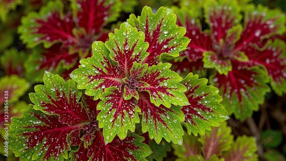 Vibrant red and green coleus leaf with morning dew