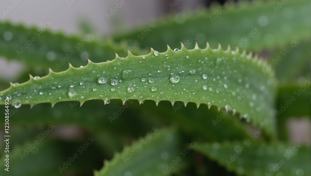 Fresh aloe vera leaf with water droplets under soft light Fresh aloe vera leaf with water droplets under soft light