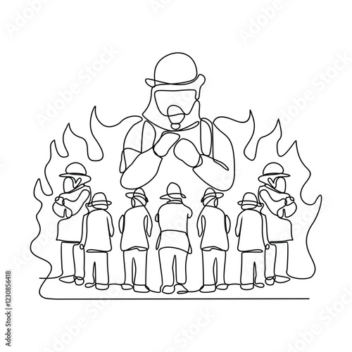 One continuous line drawing of The fire fighter brigade is on duty to put out the blazing fire vector illustration. Fire Fighting design illustration simple linear style vector concept for education.