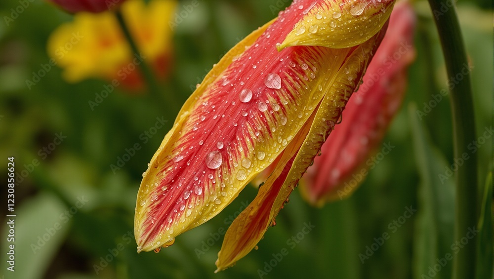 Vibrant red and yellow tulip leaf with raindrops Vibrant red and yellow tulip leaf with raindrops