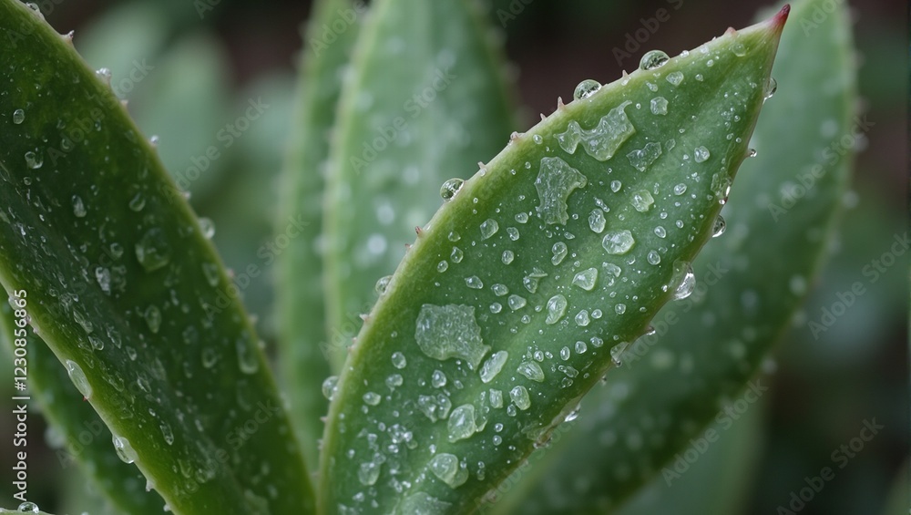 Close up succulent leaf with water droplets bathed in soft indoor light Close up succulent leaf with water droplets bathed in soft indoor light